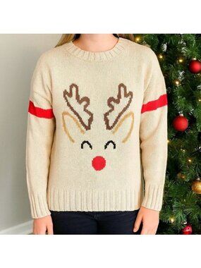 Made With Love Reindeer Holiday Tan Drop Sleeves Pullover Sweater Size Small NWT